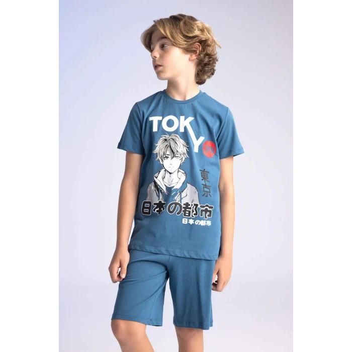 Defacto C2783 İndigo Erkek Çocuk Pijama Takımı Baskılı Kısa Kollu Üst Şort