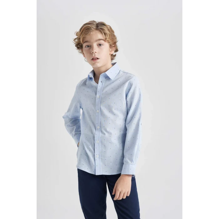 Defacto B8744 Mavi Erkek Çocuk 23 Nisan Çocuk Bayramı Polo Yaka Poplin Uzun Kollu Gömlek