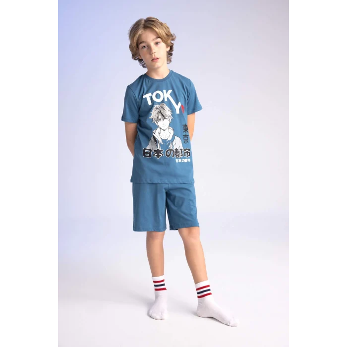 Defacto C2783 İndigo Erkek Çocuk Pijama Takımı Baskılı Kısa Kollu Üst Şort