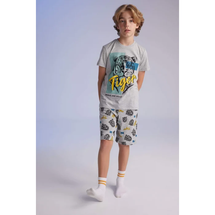 Defacto C2779 Gri Erkek Çocuk Pijama Takımı Baskılı Kısa Kollu Üst Şort