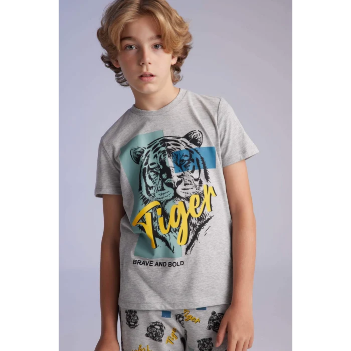 Defacto C2779 Gri Erkek Çocuk Pijama Takımı Baskılı Kısa Kollu Üst Şort