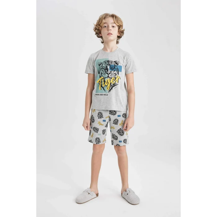 Defacto C2779 Gri Erkek Çocuk Pijama Takımı Baskılı Kısa Kollu Üst Şort