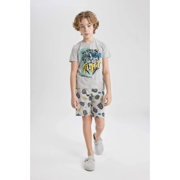 Defacto C2779 Gri Erkek Çocuk Pijama Takımı Baskılı Kısa Kollu Üst Şort