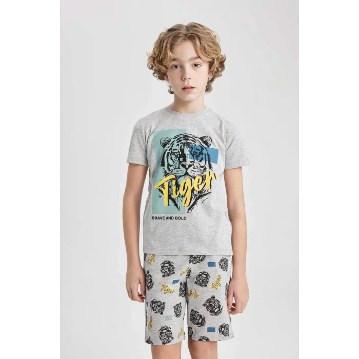 Defacto C2779 Gri Erkek Çocuk Pijama Takımı Baskılı Kısa Kollu Üst Şort