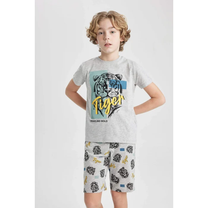 Defacto C2779 Gri Erkek Çocuk Pijama Takımı Baskılı Kısa Kollu Üst Şort