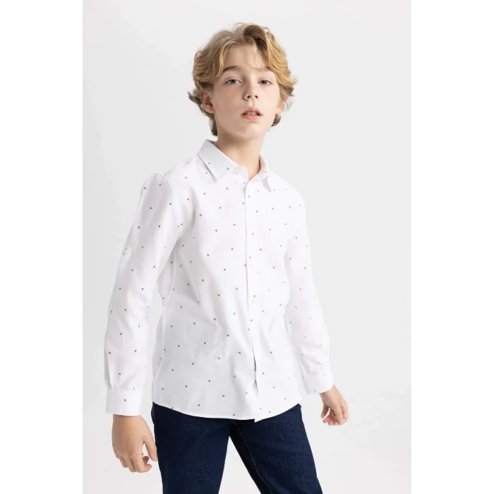 Defacto C0603 Beyaz Erkek Çocuk Polo Yaka Oxford Uzun Kollu Gömlek