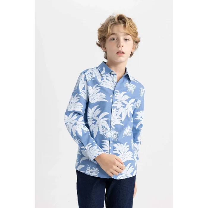 Defacto B7129 Mavi Erkek Çocuk Polo Yaka Desenli Uzun Kollu Gömlek