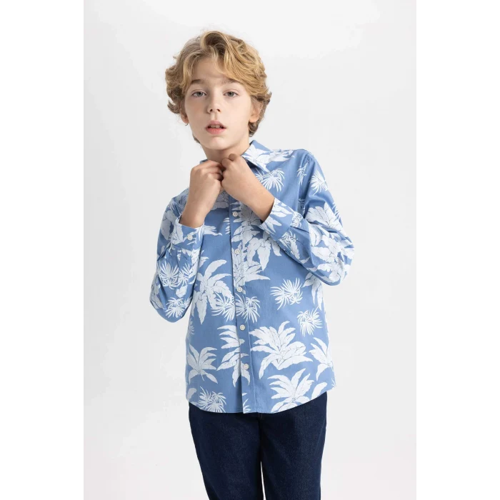 Defacto B7129 Mavi Erkek Çocuk Polo Yaka Desenli Uzun Kollu Gömlek