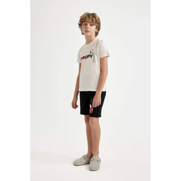 Defacto C2846 Beyaz Erkek Çocuk Snoopy Pijama Takımı Bisiklet Yaka Kısa Kollu Üst Şort