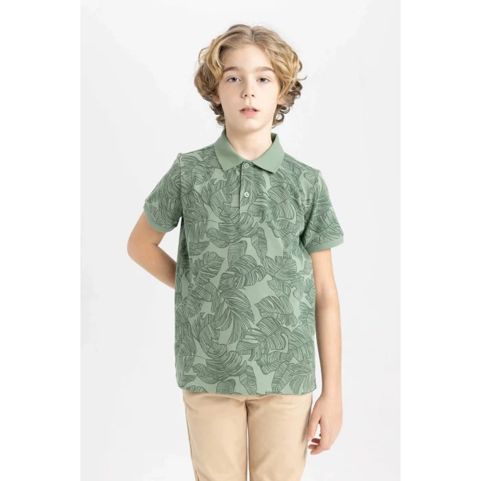 Defacto B5937 Yeşil Erkek Çocuk Desenli Pike Kısa Kollu Polo Tişört
