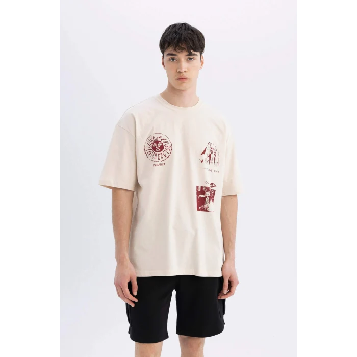Defacto C4087 Bej Oversize Geniş Kalıp Bisiklet Yaka Sırt Baskılı Kısa Kollu Tişört
