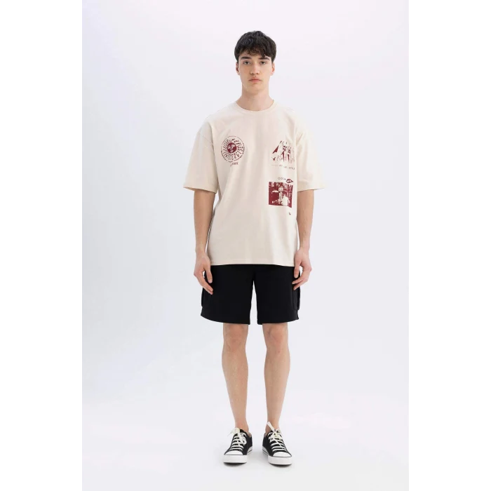 Defacto C4087 Bej Oversize Geniş Kalıp Bisiklet Yaka Sırt Baskılı Kısa Kollu Tişört