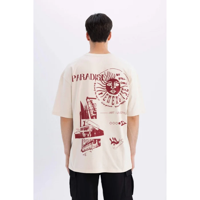 Defacto C4087 Bej Oversize Geniş Kalıp Bisiklet Yaka Sırt Baskılı Kısa Kollu Tişört