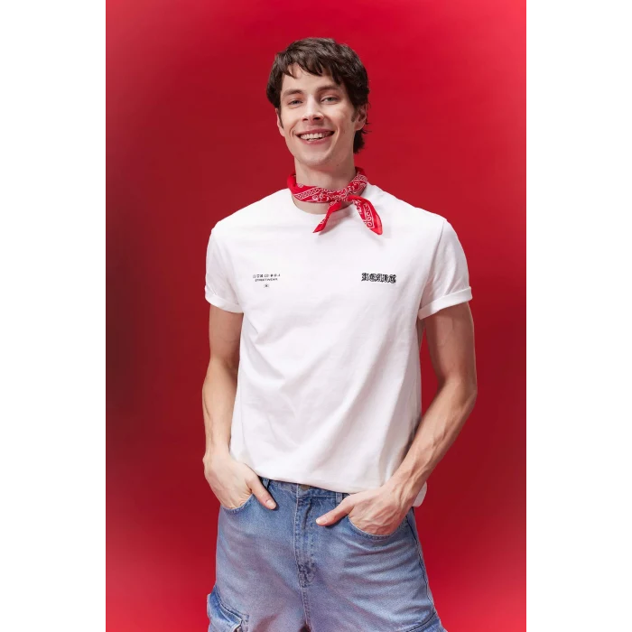 Defacto C3466 Ekru Regular Fit Bisiklet Yaka Sırt Baskılı Kısa Kollu Tişört