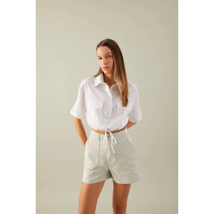 Defacto C6812 Beyaz Crop Gömlek Yaka Keten Karışımlı Kısa Kollu Bluz