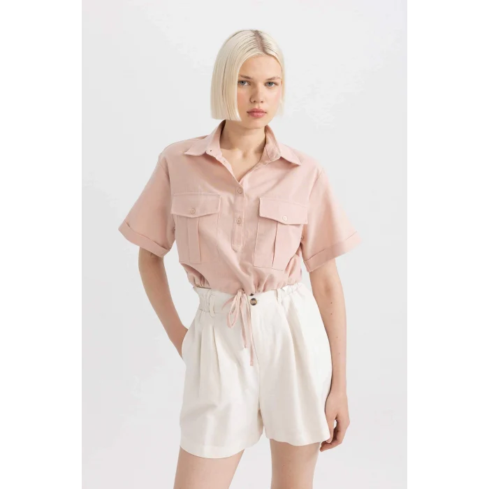 Defacto C6812 Bordo Crop Gömlek Yaka Keten Karışımlı Kısa Kollu Bluz