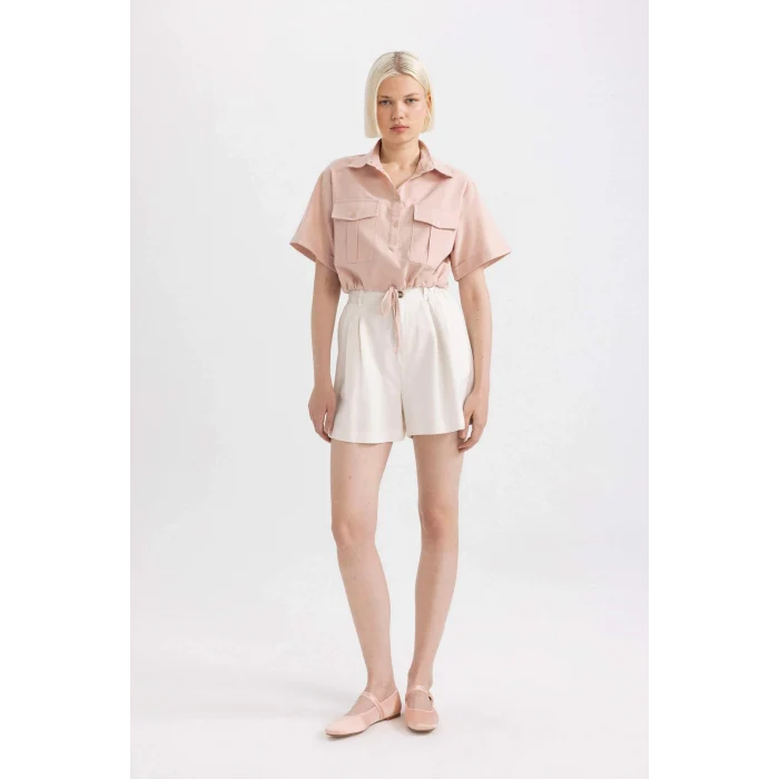 Defacto C6812 Bordo Crop Gömlek Yaka Keten Karışımlı Kısa Kollu Bluz