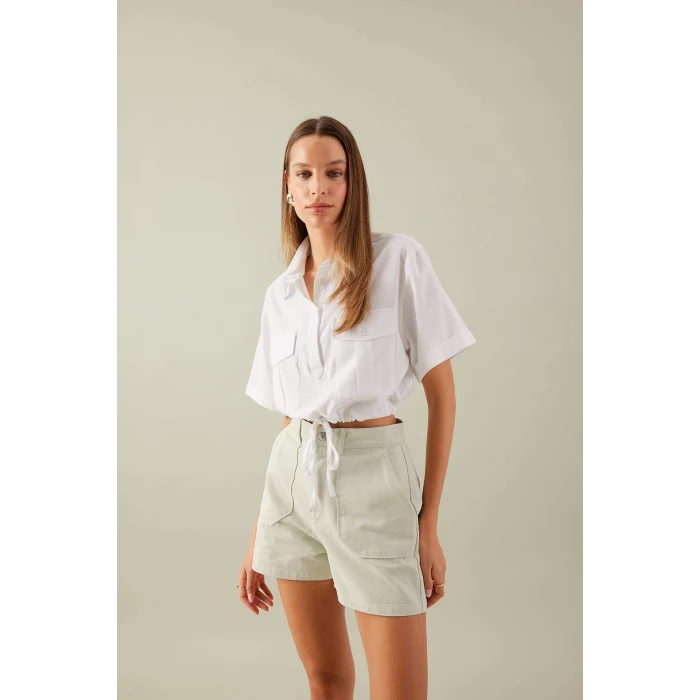 Defacto C6812 Beyaz Crop Gömlek Yaka Keten Karışımlı Kısa Kollu Bluz