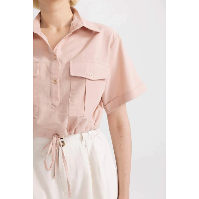 Defacto C6812 Bordo Crop Gömlek Yaka Keten Karışımlı Kısa Kollu Bluz