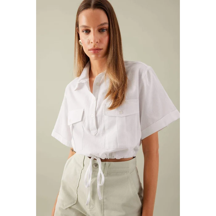 Defacto C6812 Beyaz Crop Gömlek Yaka Keten Karışımlı Kısa Kollu Bluz