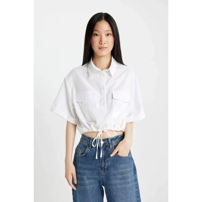 Defacto C6812 Beyaz Crop Gömlek Yaka Keten Karışımlı Kısa Kollu Bluz