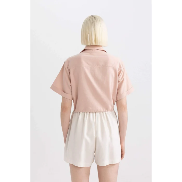 Defacto C6812 Bordo Crop Gömlek Yaka Keten Karışımlı Kısa Kollu Bluz