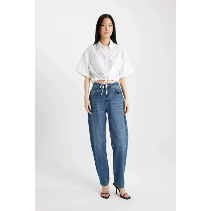 Defacto C6812 Beyaz Crop Gömlek Yaka Keten Karışımlı Kısa Kollu Bluz