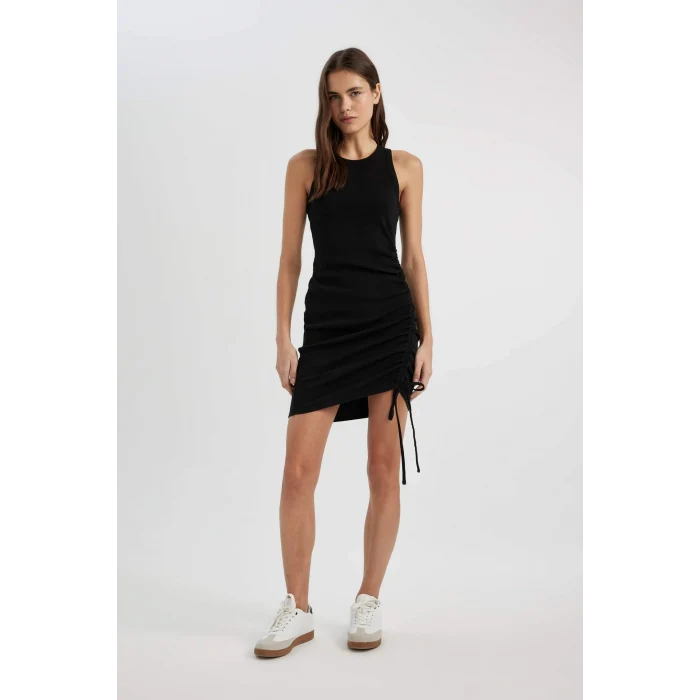 Defacto B9613 Siyah Bodycon Vücudu Saran Yuvarlak Yaka Fitilli Kaşkorse Kolsuz Mini Elbise