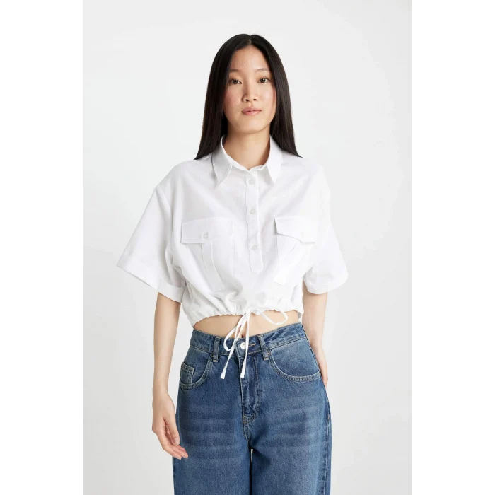 Defacto C6812 Beyaz Crop Gömlek Yaka Keten Karışımlı Kısa Kollu Bluz