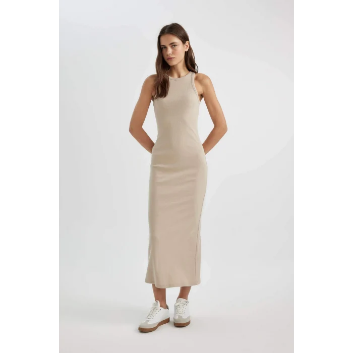Defacto A4828 Bej Bodycon Halter Yaka Fitilli Kaşkorse Maxi Kolsuz Elbise