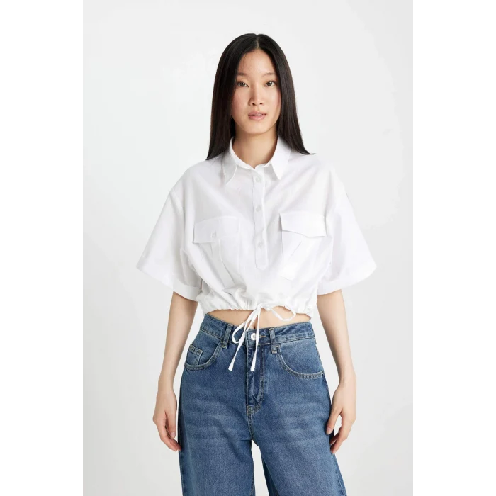 Defacto C6812 Beyaz Crop Gömlek Yaka Keten Karışımlı Kısa Kollu Bluz