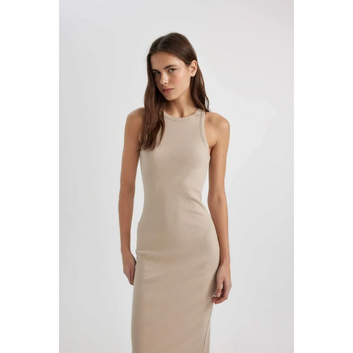 Defacto A4828 Bej Bodycon Halter Yaka Fitilli Kaşkorse Maxi Kolsuz Elbise