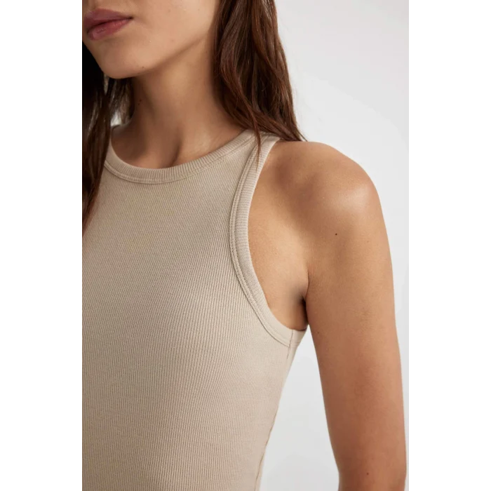 Defacto A4828 Bej Bodycon Halter Yaka Fitilli Kaşkorse Maxi Kolsuz Elbise