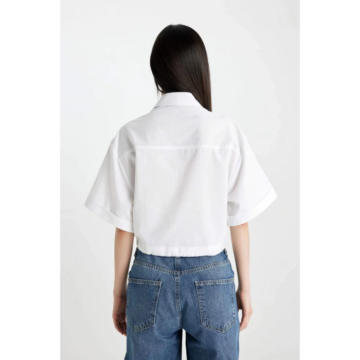 Defacto C6812 Beyaz Crop Gömlek Yaka Keten Karışımlı Kısa Kollu Bluz