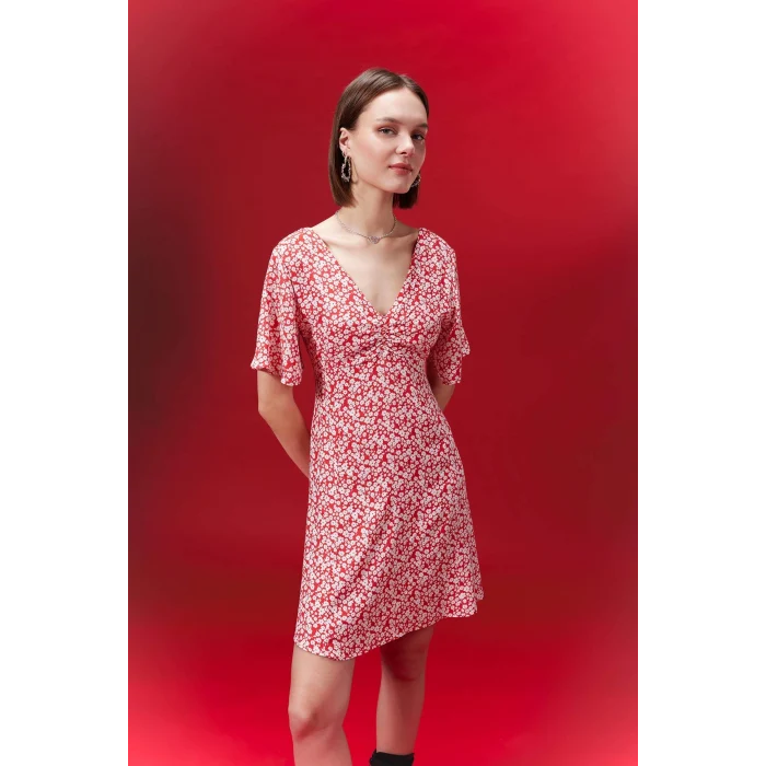 Defacto B0127 Kırmızı V Yaka Çiçekli Maroken Mini Kısa Kollu Kırmızı Elbise