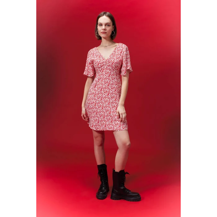 Defacto B0127 Kırmızı V Yaka Çiçekli Maroken Mini Kısa Kollu Kırmızı Elbise