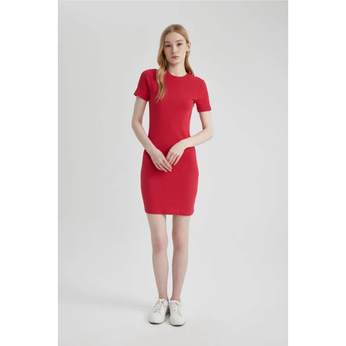 Defacto C1503 Kırmızı Coool Bodycon Vücudu Saran Bisiklet Yaka Fitilli Kaşkorse Kısa Kollu Mini Elbise
