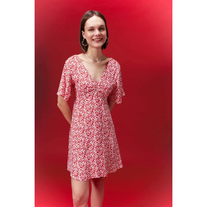 Defacto B0127 Kırmızı V Yaka Çiçekli Maroken Mini Kısa Kollu Kırmızı Elbise