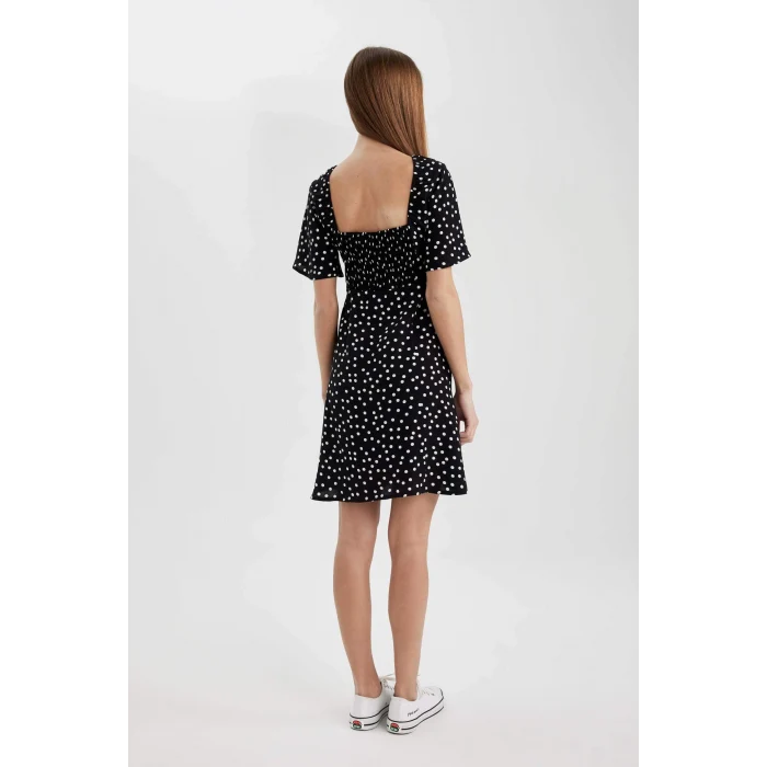 Defacto B0127 Siyah V Yaka Puantiyeli Maroken Mini Kısa Kollu Elbise