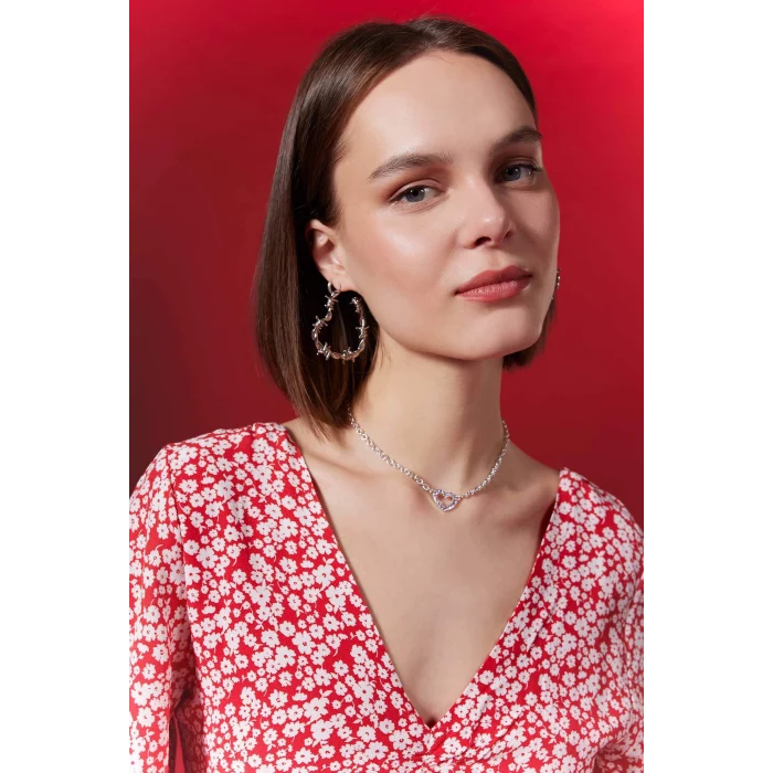 Defacto B0127 Kırmızı V Yaka Çiçekli Maroken Mini Kısa Kollu Kırmızı Elbise