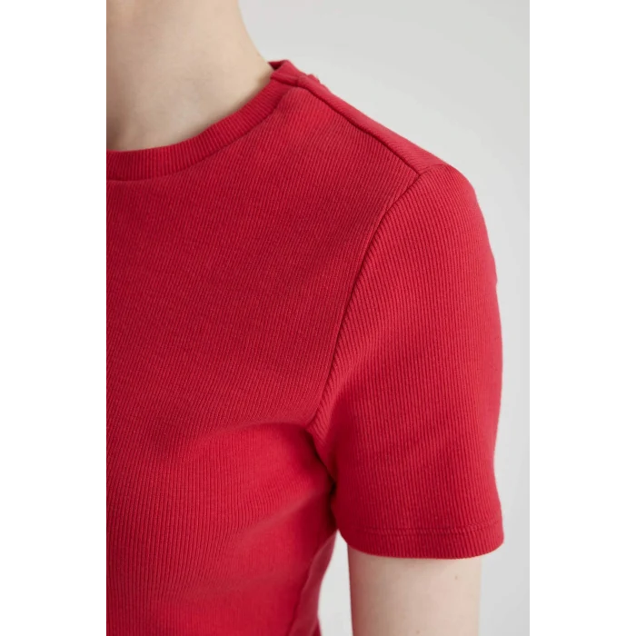 Defacto C1503 Kırmızı Coool Bodycon Vücudu Saran Bisiklet Yaka Fitilli Kaşkorse Kısa Kollu Mini Elbise