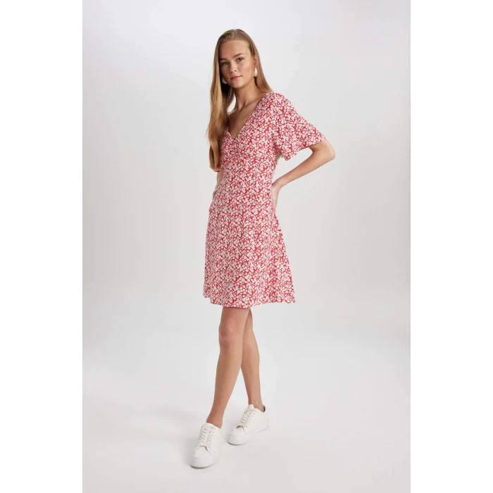 Defacto B0127 Kırmızı V Yaka Çiçekli Maroken Mini Kısa Kollu Kırmızı Elbise