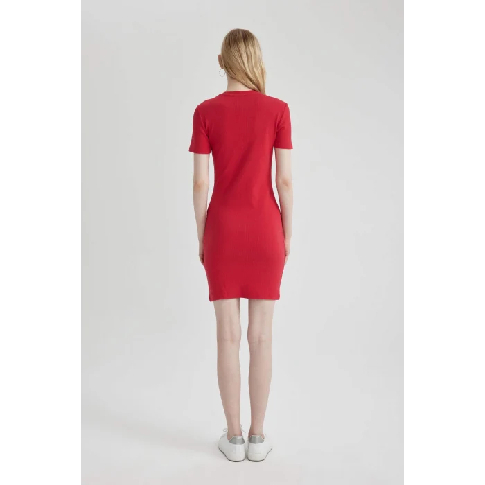 Defacto C1503 Kırmızı Coool Bodycon Vücudu Saran Bisiklet Yaka Fitilli Kaşkorse Kısa Kollu Mini Elbise