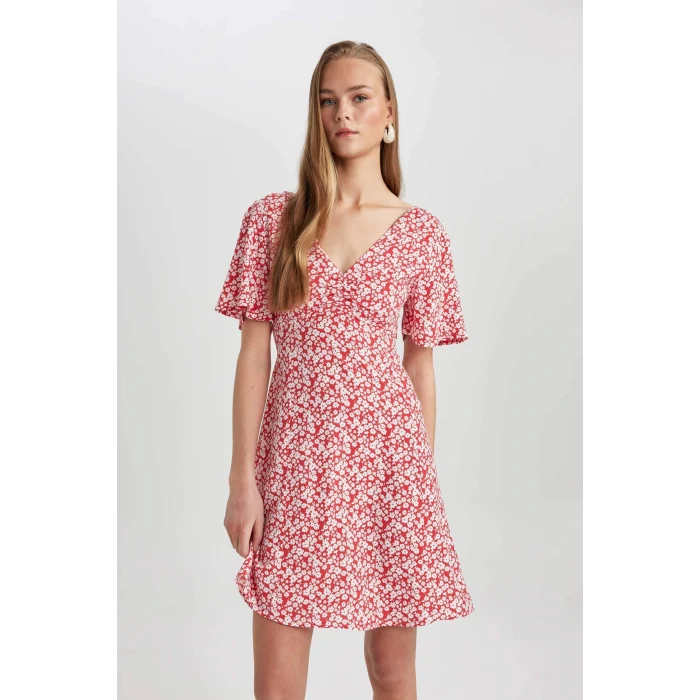 Defacto B0127 Kırmızı V Yaka Çiçekli Maroken Mini Kısa Kollu Kırmızı Elbise
