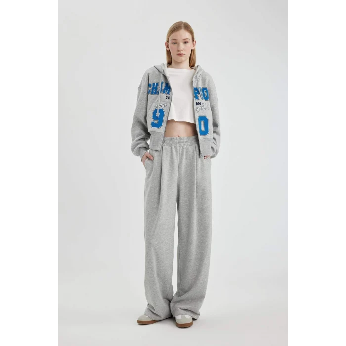 Defacto C3206 Gri Coool Wide Leg Geniş Bol Paça Eşofman Altı Beli Lastikli Cepli Basic Düz