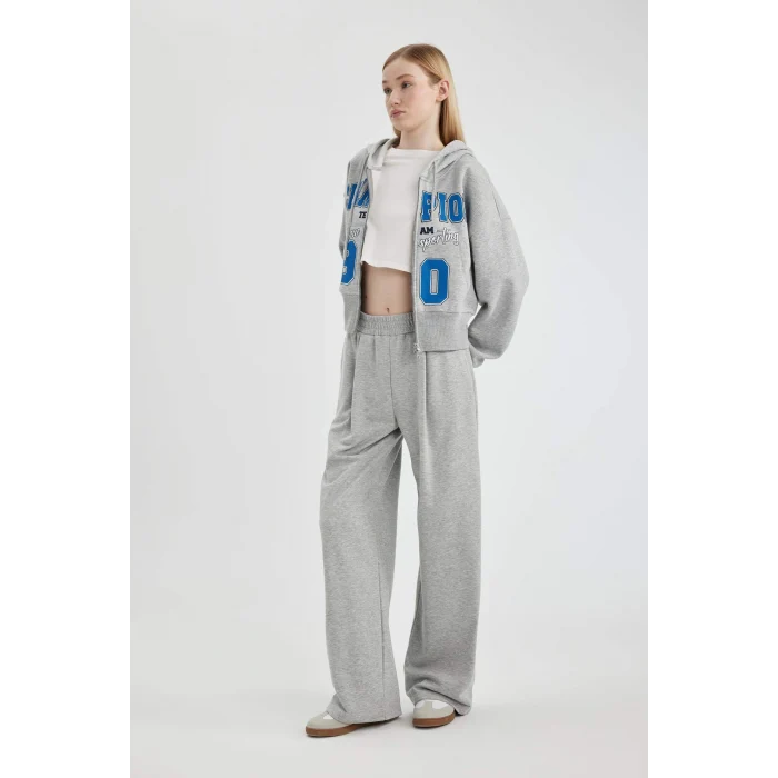 Defacto C3206 Gri Coool Wide Leg Geniş Bol Paça Eşofman Altı Beli Lastikli Cepli Basic Düz