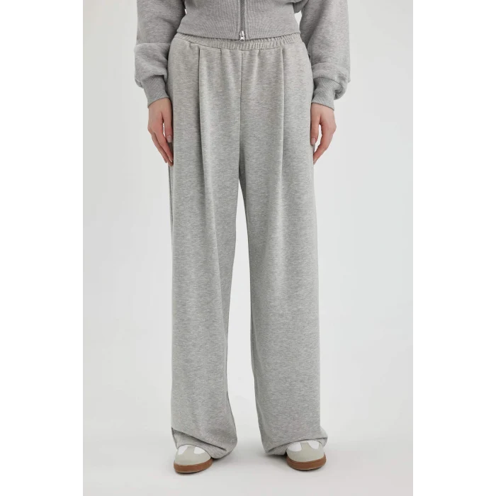 Defacto C3206 Gri Coool Wide Leg Geniş Bol Paça Eşofman Altı Beli Lastikli Cepli Basic Düz