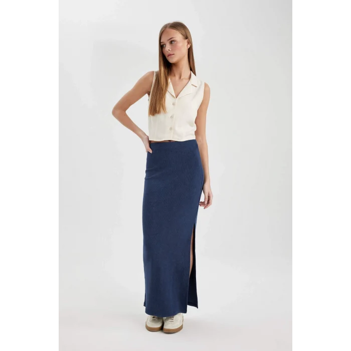 Defacto C1653 Lacivert Fitilli Kaşkorse Yırtmaçlı Yıkamalı Soluk Efektli Maxi Etek