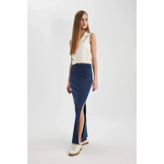 Defacto C1653 Lacivert Fitilli Kaşkorse Yırtmaçlı Yıkamalı Soluk Efektli Maxi Etek