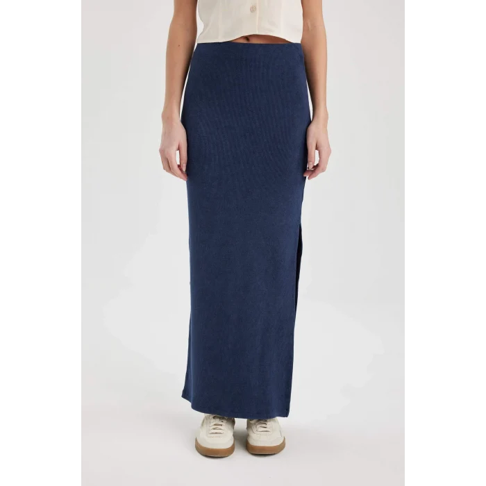 Defacto C1653 Lacivert Fitilli Kaşkorse Yırtmaçlı Yıkamalı Soluk Efektli Maxi Etek